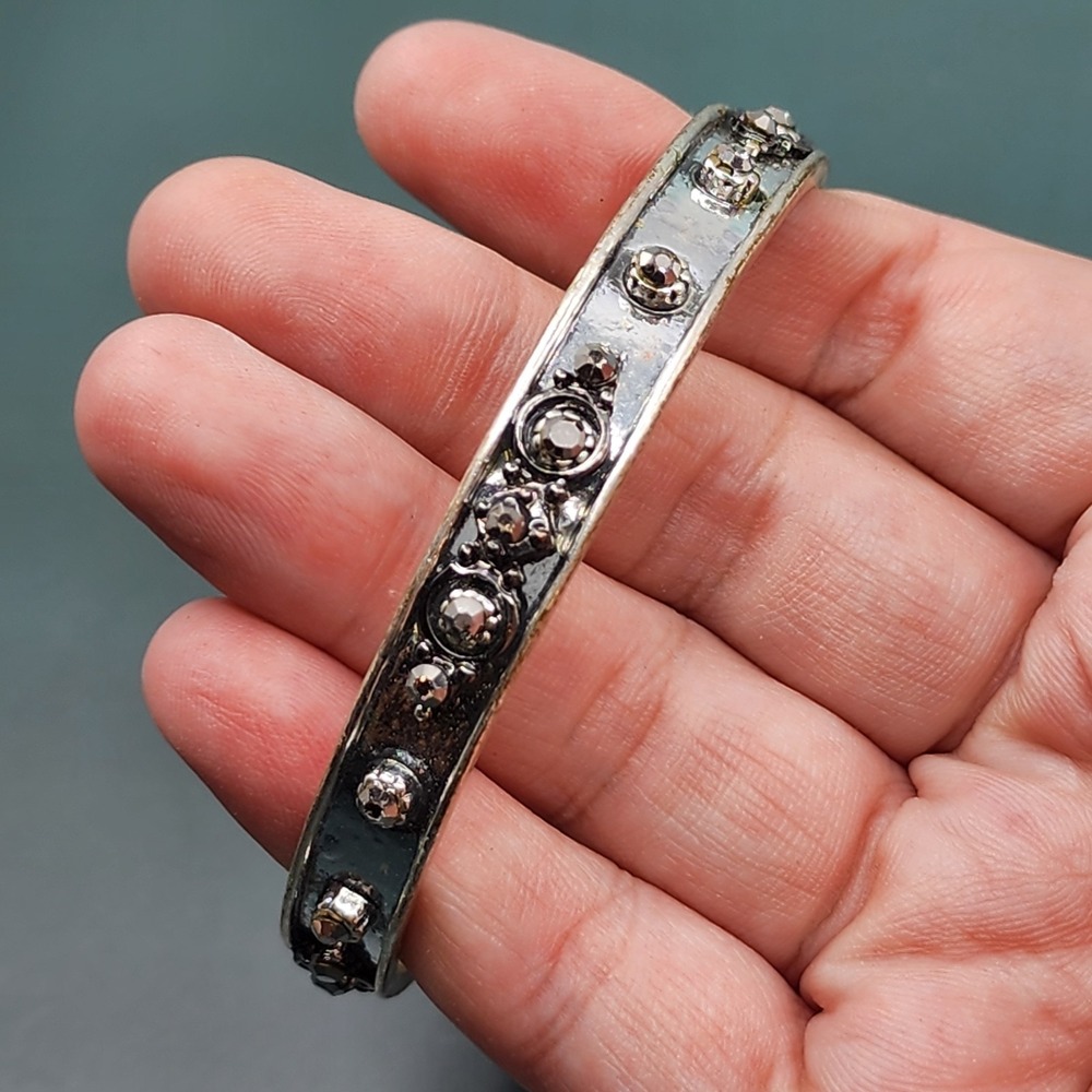 Black Rhinestone Studded Silver Tone Bangle Bracelet Gothic Costume Jewelry
